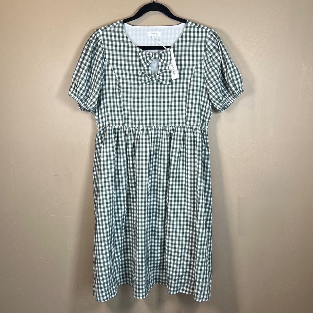 Lena & Lou Gingham Check Bow Front Puff Sleeve Dress Green White XL NWT